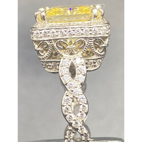 Sterling silver 925 Canary diamond princess cut CZ halo style high profile wrapp - Picture 15 of 16